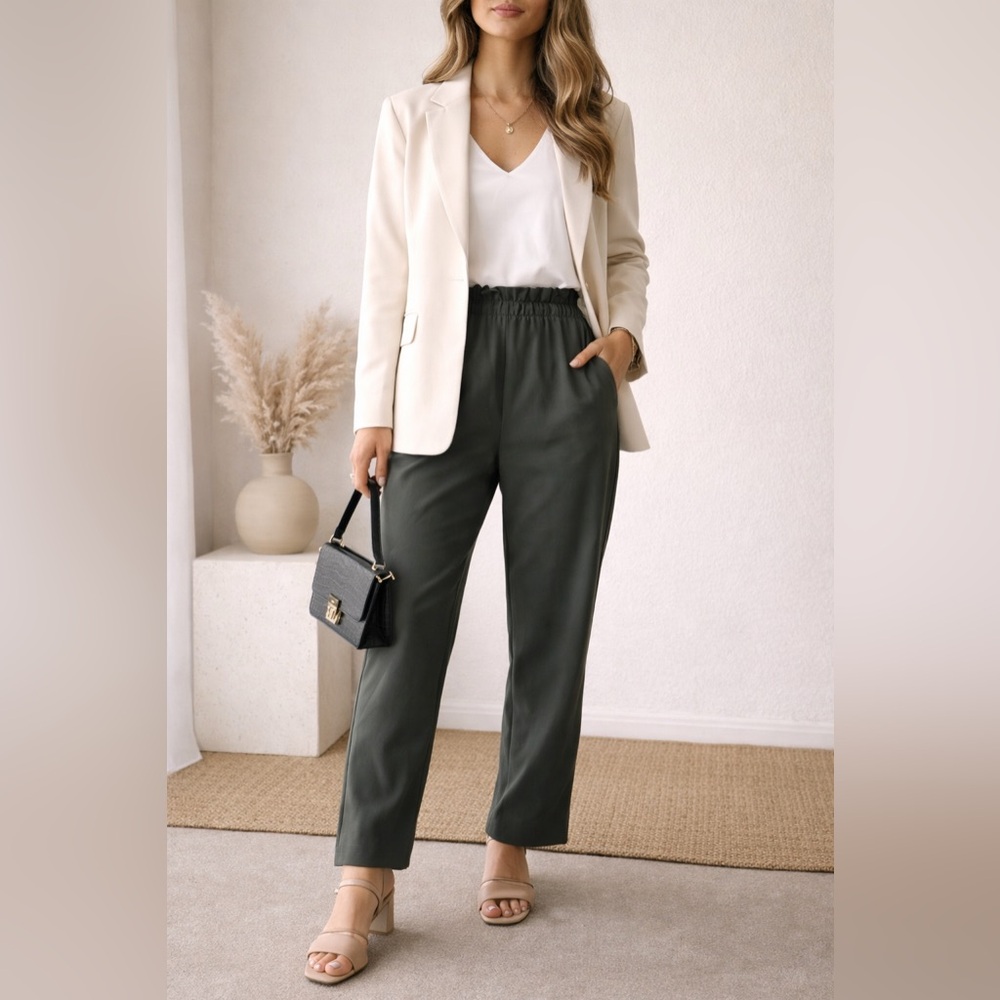 Joie XS Dark Green Straight Leg Pants Elastic Waist Paperbag